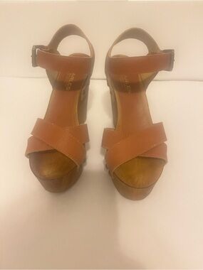 Womens Leather Platform Sandals - Cognac Brown
